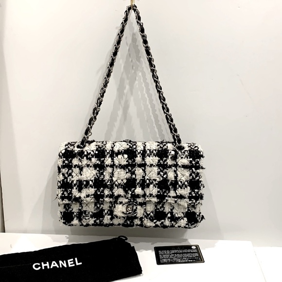 CHANEL 🖤 RARE Black White Tweed Sequins Houndstooth Quilted 2.55 Double Flap Bag - Picture 14 of 16